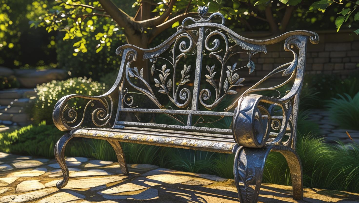 Iron garden benches with elegant craftsmanship, ideal for modern and classic interiors.
