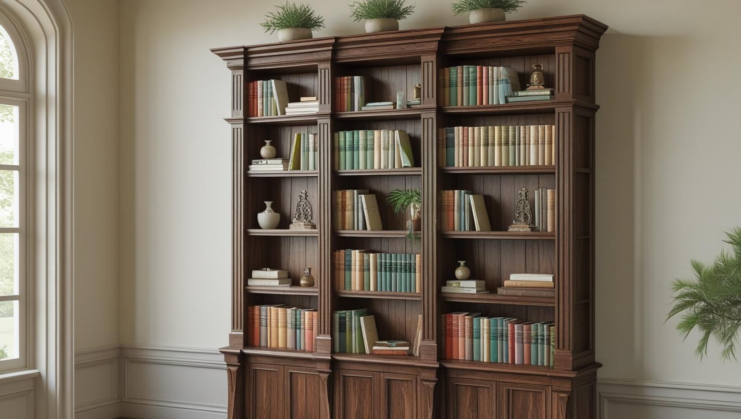 Wooden bookshelves with elegant craftsmanship, ideal for modern and classic interiors.